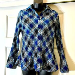 East 5th Crinkle Plaid long sleeve blouse, size medium